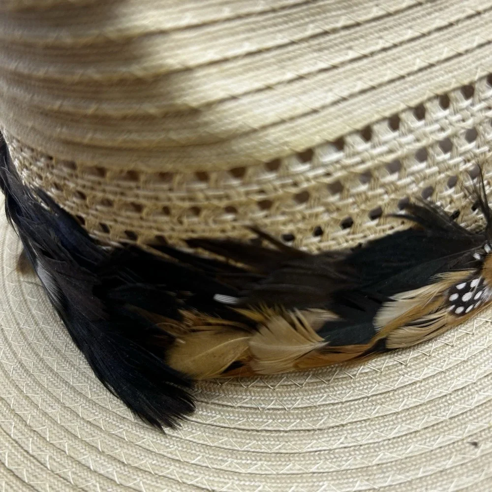 Straw Cowboy Hat Laredo Texas Western Beige Feather Hat Band Mens Womens 6 7/8